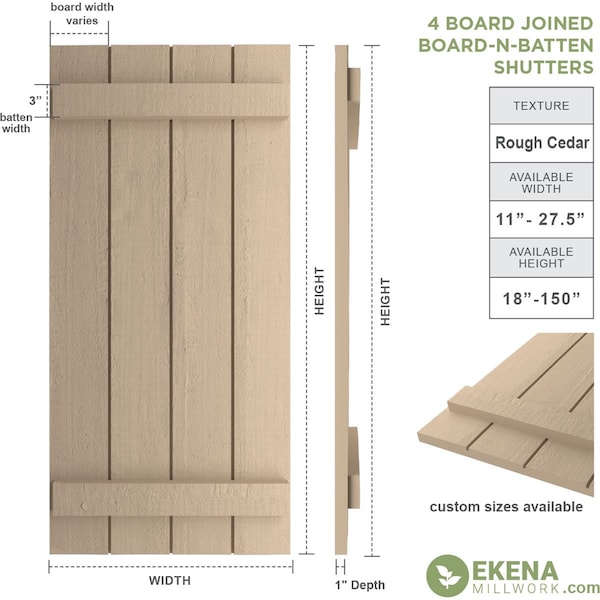 Rustic Four Board Joined Board-n-Batten Rough Cedar Faux Wood Shutters, 22W X 26H